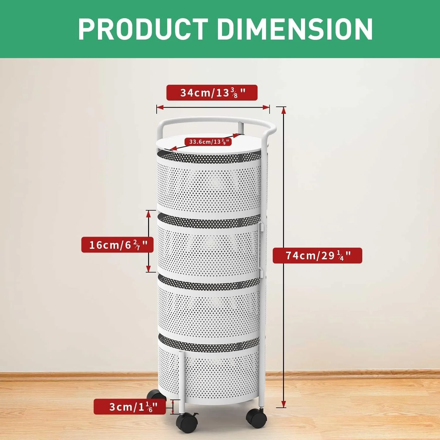 Multi-Tier Rotating Storage Basket with Wheels for Vegetables Fruits Groceries in Kitchen Household Organizer