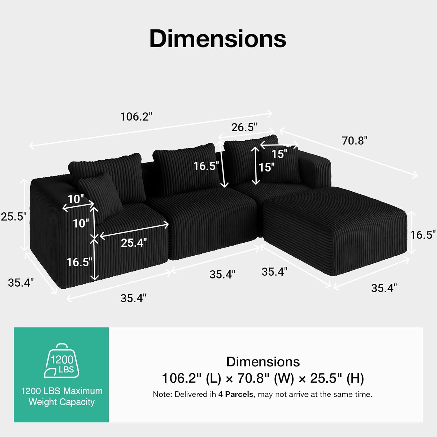 Novilla 106 Modular Sectional Sofa, Modern Cloud Sectional Couch with Smarts Coil® Support, L-Shape Boneless Couch for Living Room Apartments Bedroom, No Assembly Required (3 Seat w/ 1 Ottoman)