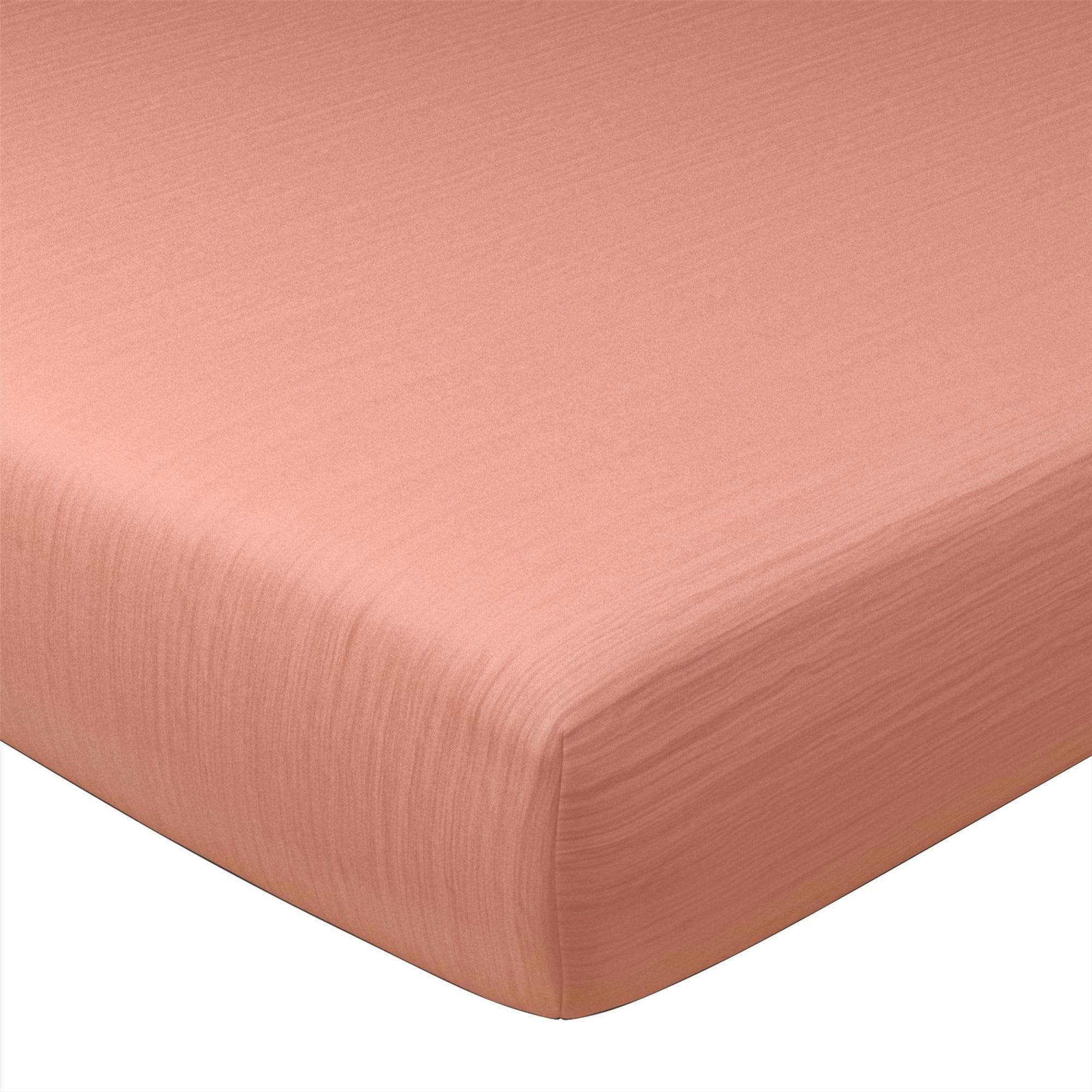DOUBLE GAZE - Drap-housse 90x190x28 rose poudré en coton