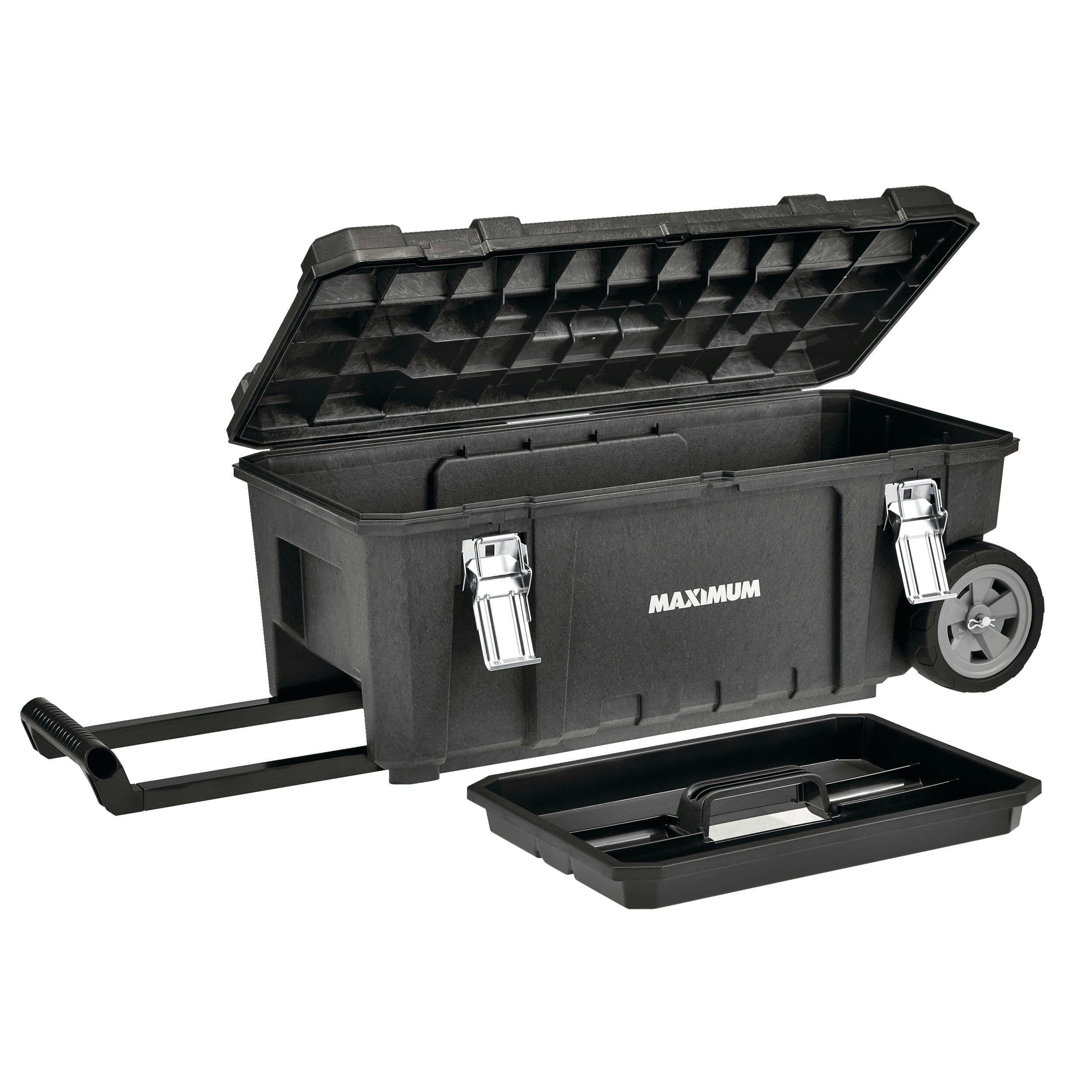 MAXIMUM Portable Plastic Rolling Tool Box w/ Handle, Black, 28-in