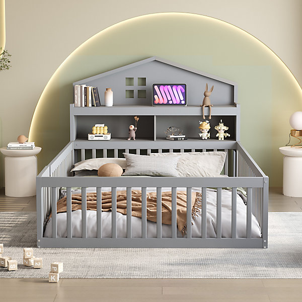 Lit enfant 140x200 cm - Lit en Bois avec Barrières et Rangement, Lit avec Protection MDF et Pin, Gris, Sans Matelas