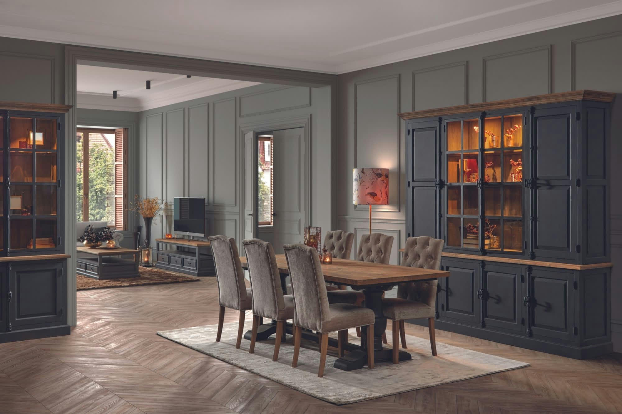 DALILA - Table à manger rectangulaire en teck piétement noir poutre L220