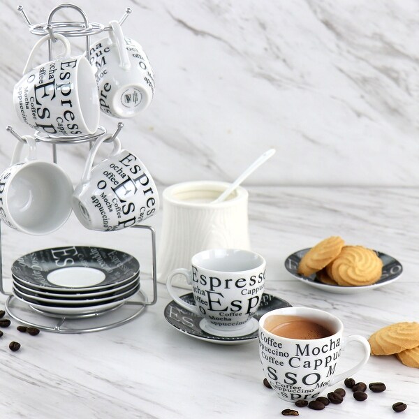 Gibson Home 13 Piece Espresso Mug and Saucer Set with Stand in White and Black