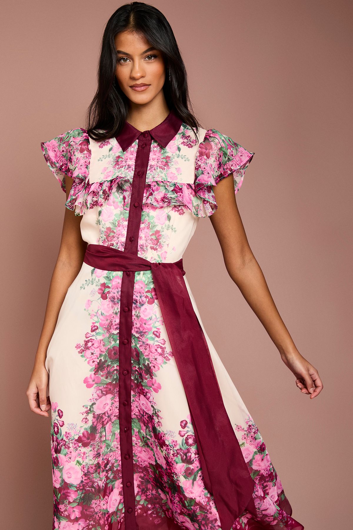 Coast Petite Placement Print Frill Midi Dress