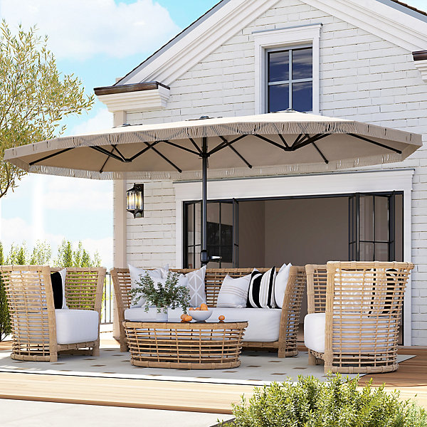 Parasol style bohème à franges XXL dim. 4,5 x 2,65 x 2,6 m ouverture fermeture manivelle métal tissu beige clair