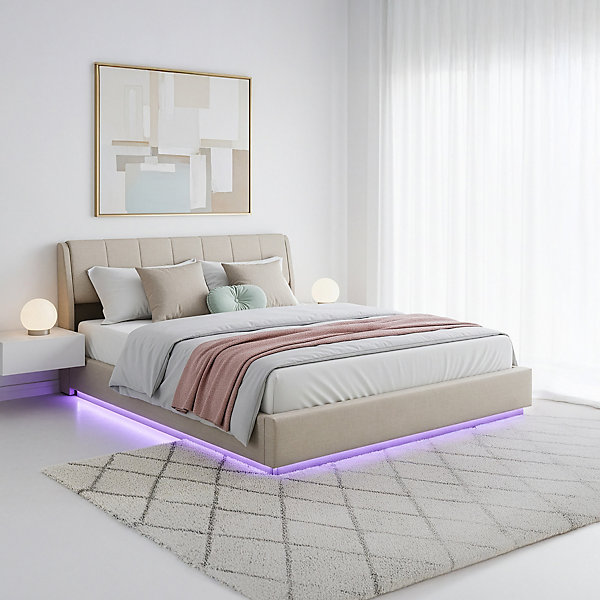 Lit double capitonné Tröstiar avec éclairage LED 180 x 200 cm beige en.casa
