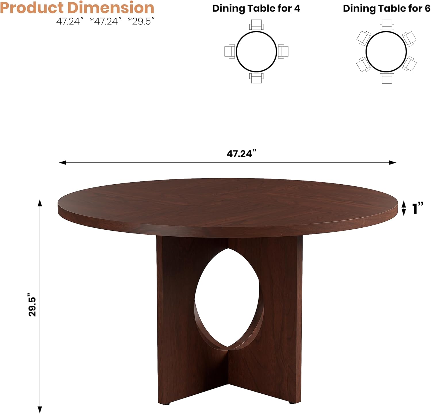 Garvee 47 Round Dining Table for 4-6 People - Circle Kitchen Dinner Table with Sturdy Pedestal Base, Space Saving Dinning Room Furniture for Living Room, Kitchen, Apartment, Walnut