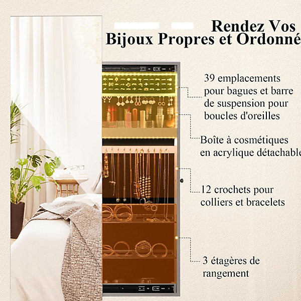 Armoire à Bijoux avec Base Rotative et Lumières LED Intégrées à 3 Couleurs Porte manteau avec Miroir Pleine Longueur Blanc