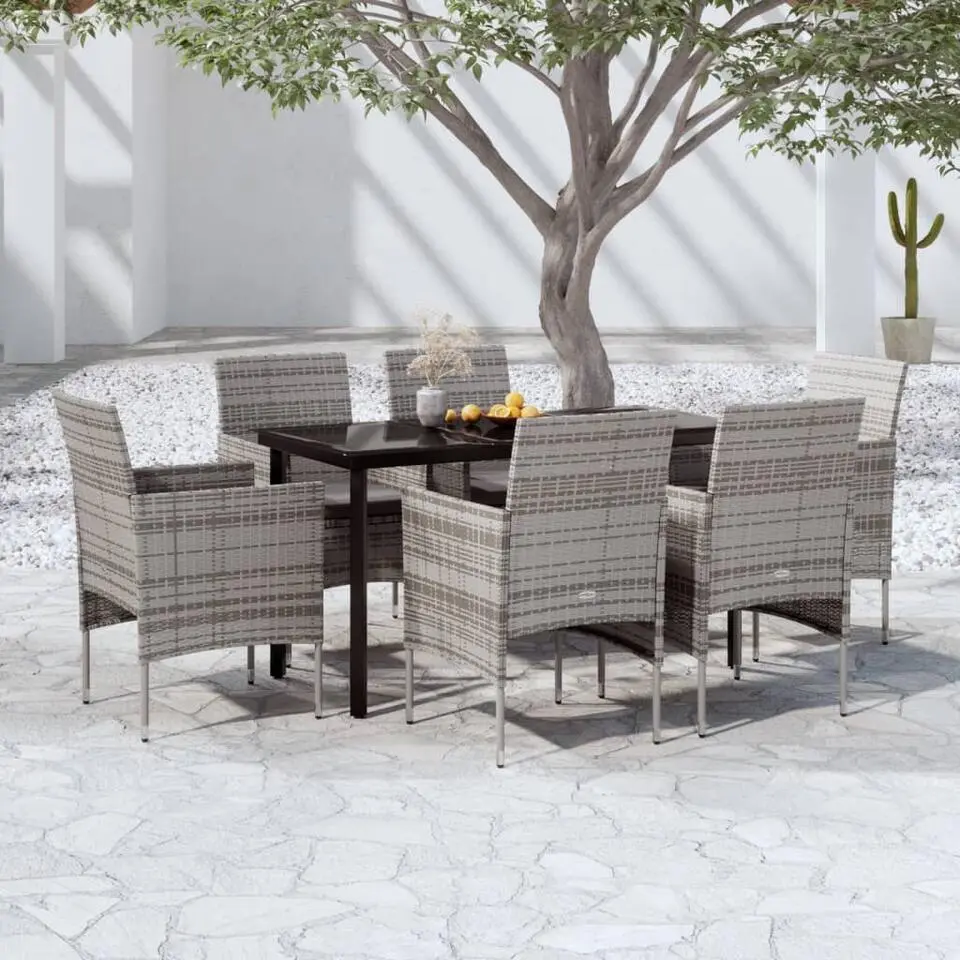 vidaXL - 7-delige Tuinset met kussens - Grijs en zwart - PE rattan - 140x70 cm