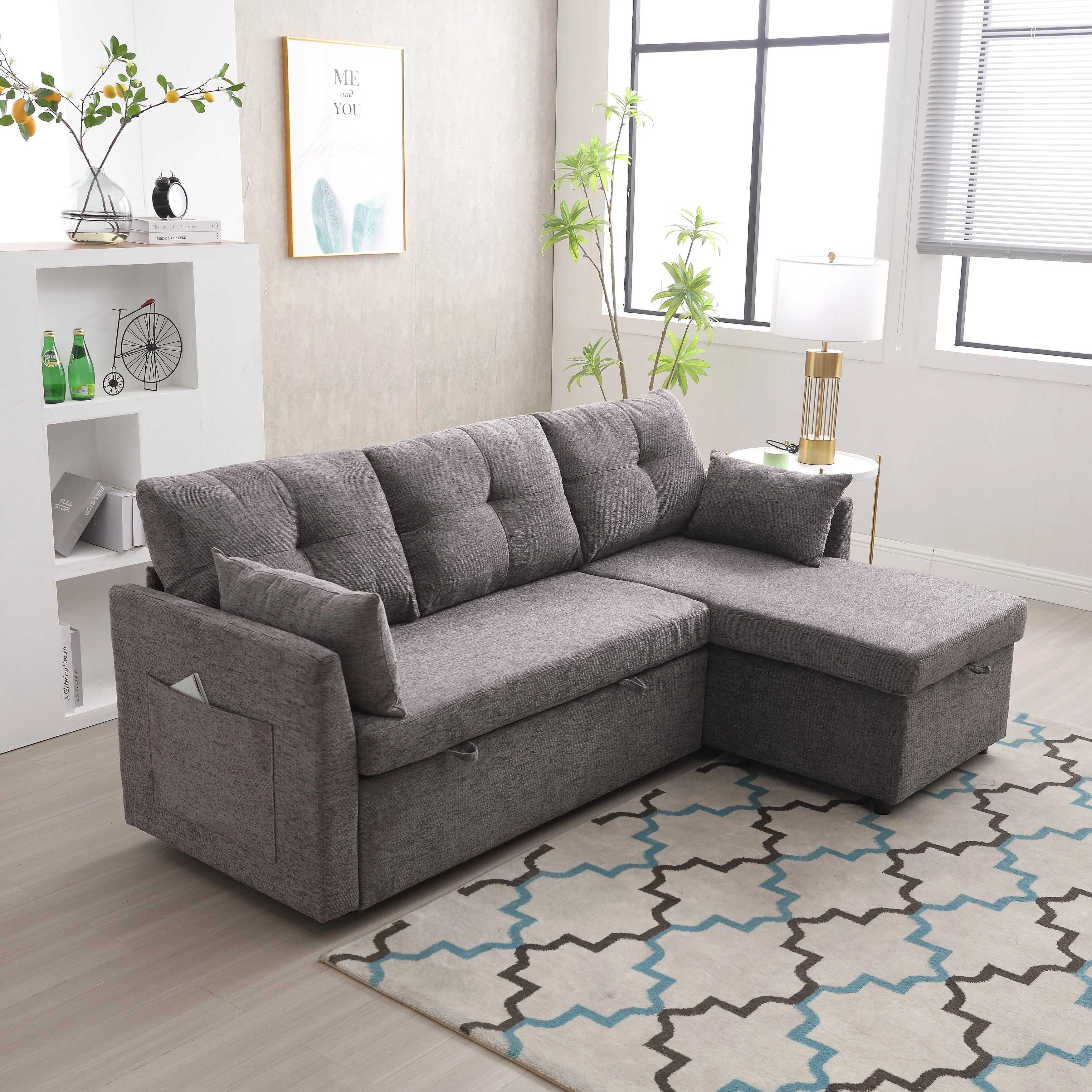 Grey 81.1'' L-Shaped 3-Seat Sectional Sofa with Reversible Chaise and Storage, Durable Wood Frame Design
