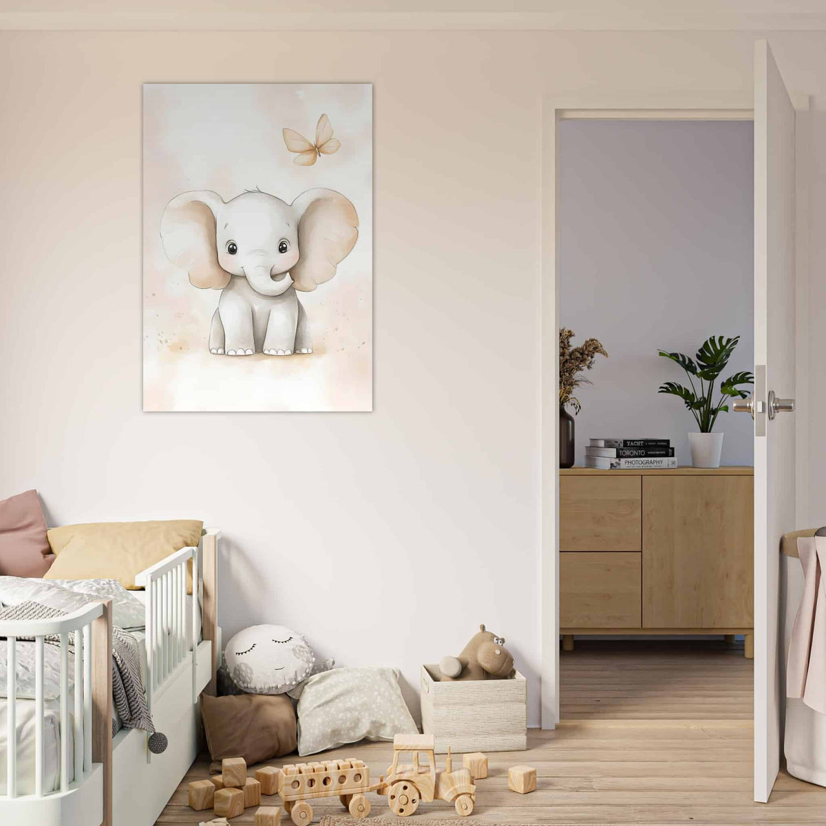 Artfulprints Poster Olifant met vlinder  - 70x100 cm - Grijs