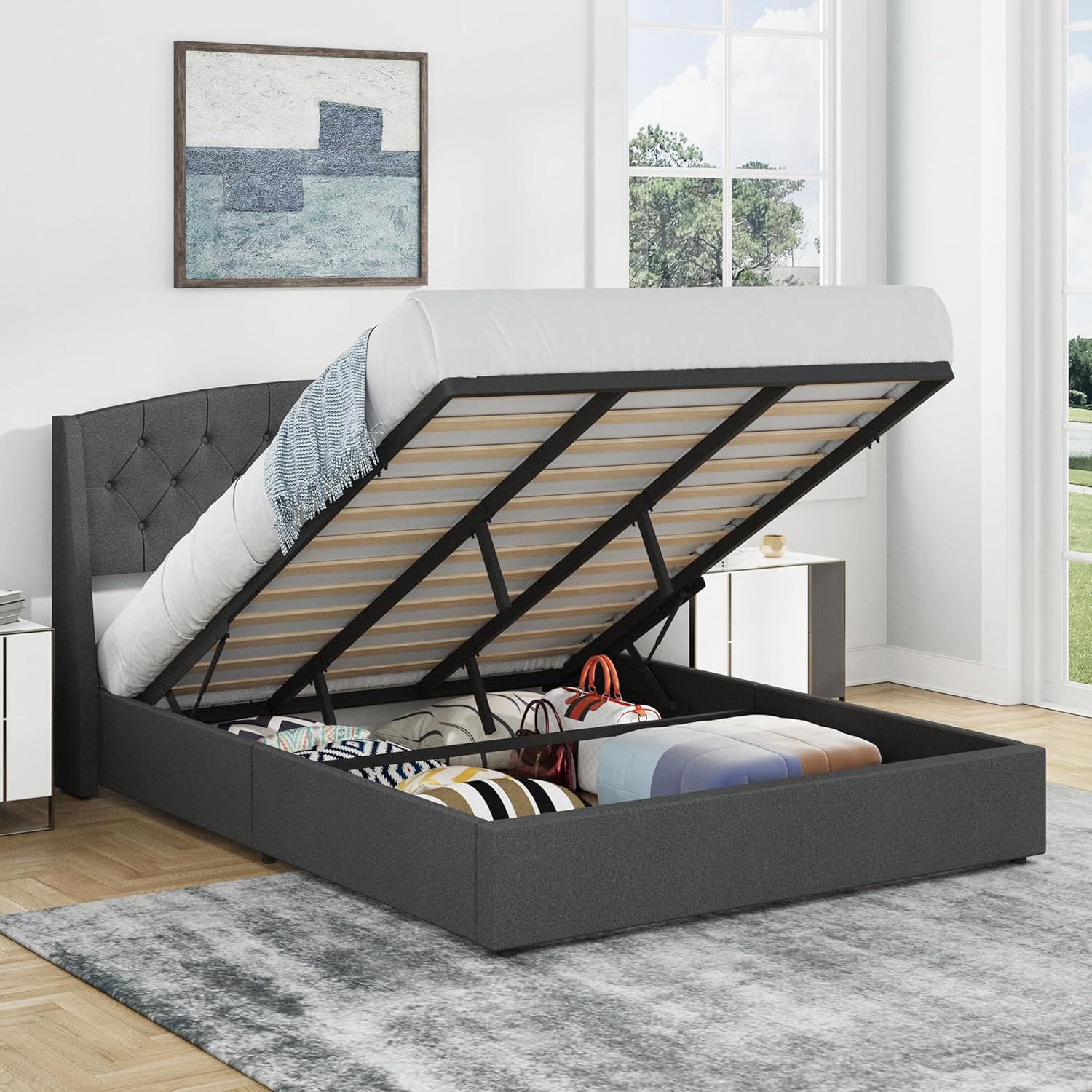 EGOHOME King Size Metal Bed Frame,Hydraulic Lift System and Modern Wingback Design,Heavy-Duty Steel Construction & 900lb Capacity,Effortless Assembly with Ratchet Wrench,No Box Spring Needed,Dark Grey
