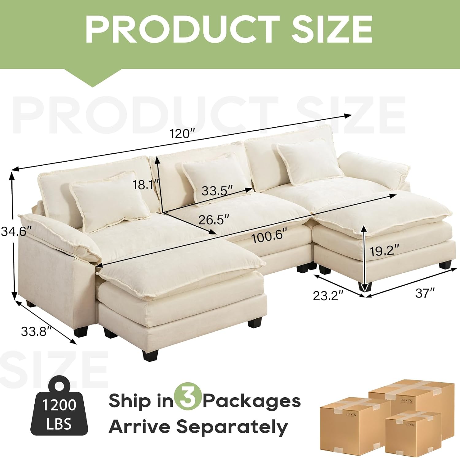 120 Modular Sectional Sofa, Comfy Cloud Couch Sectional Sofa with Ottoman, Chenille Sofa Sleeper Deep Seat Sofa with Throw Pillows for Living Room (Beige White, 120- U Shape)