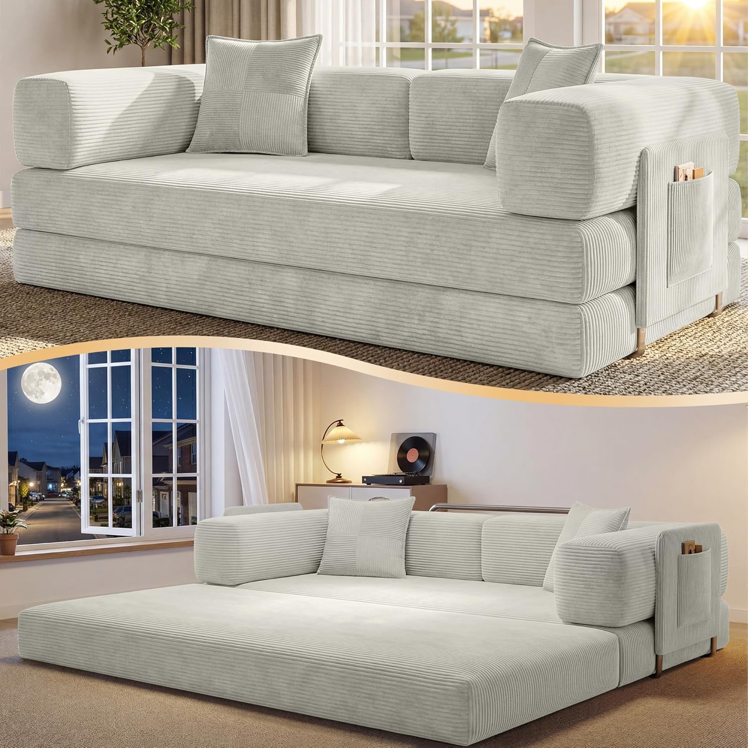 78.8 Convertible Sofa Bed,Corduroy Futon Couch with Storage Pocket,Folding Pull Out Futon Sofa,No Assembly Boneless Couch for Living Room, White | futon sofa bed, sofa, couch, loveseat, convertible sofa, boneless couch