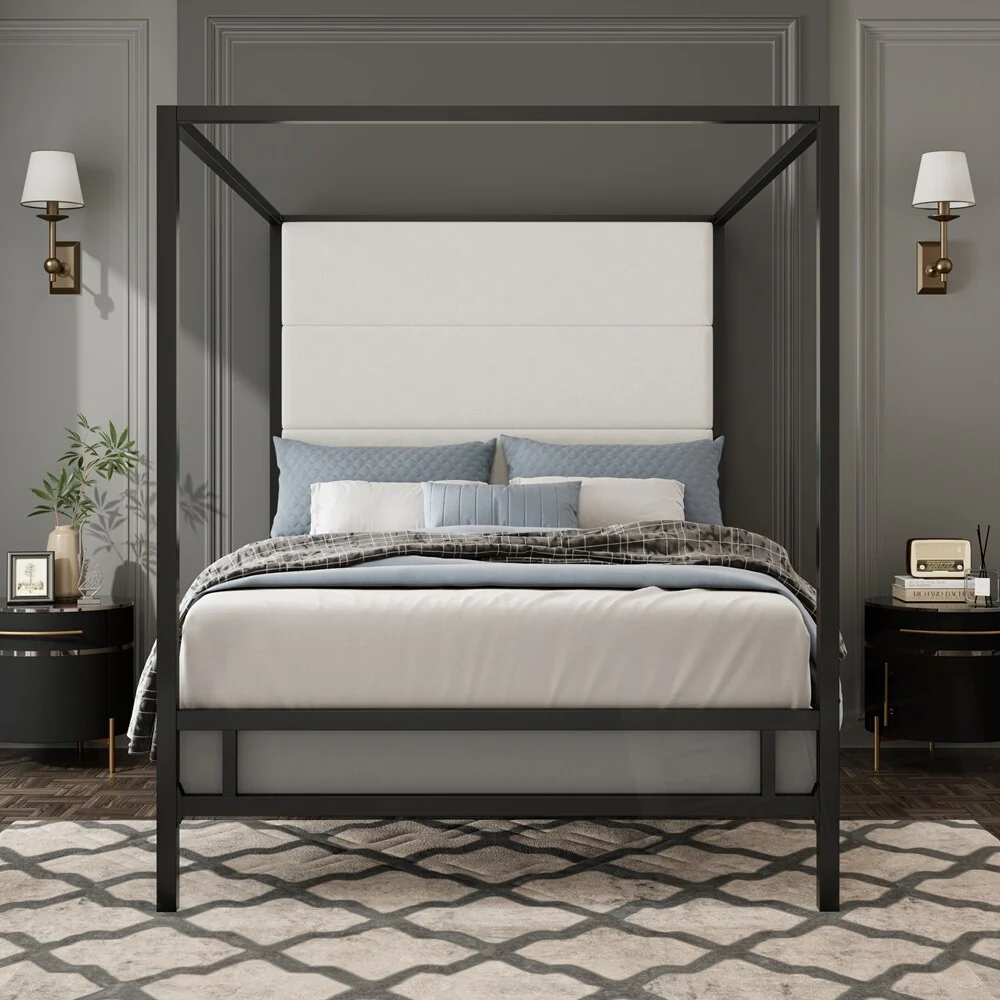 Metal 4-Poster Bed Frame Modern Canopy Upholstered Bed with Tall Upholstered Headboard