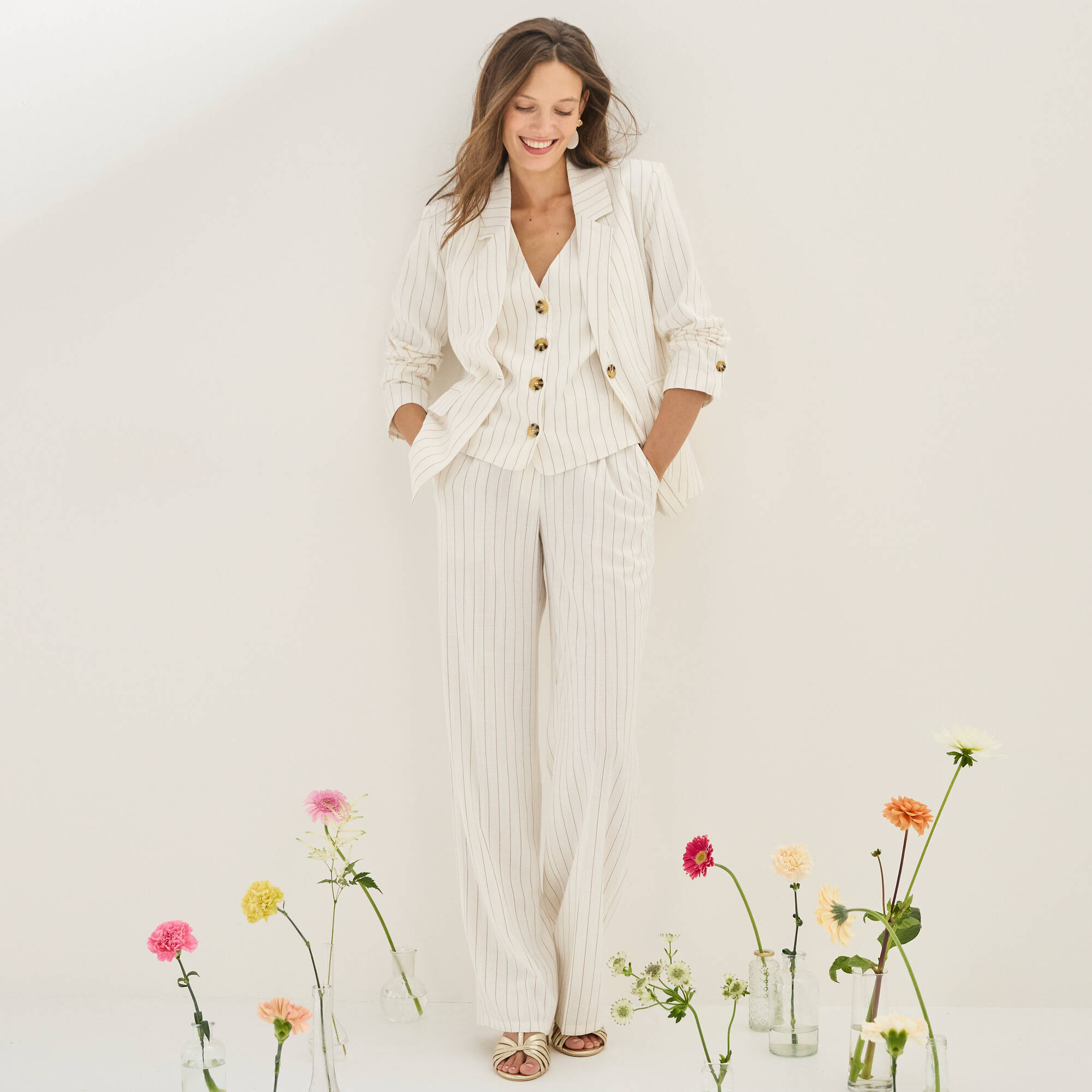 Veste blazer rayée, viscose-lin