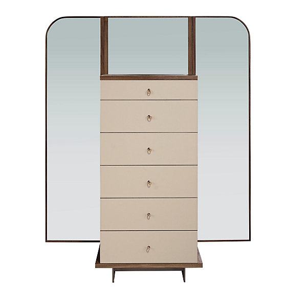 Commode en similicuir, noyer et acier poli avec miroir