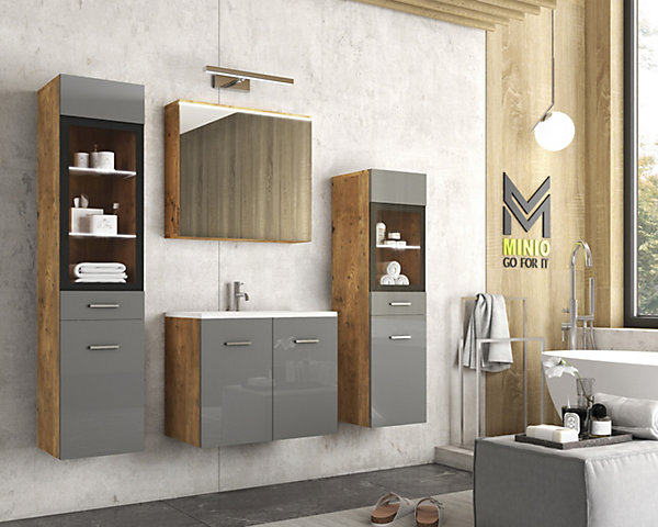 MINIO go for it, Meuble de salle de bain châtaignier Breslau/gris brillant avec LED-MARIT II
