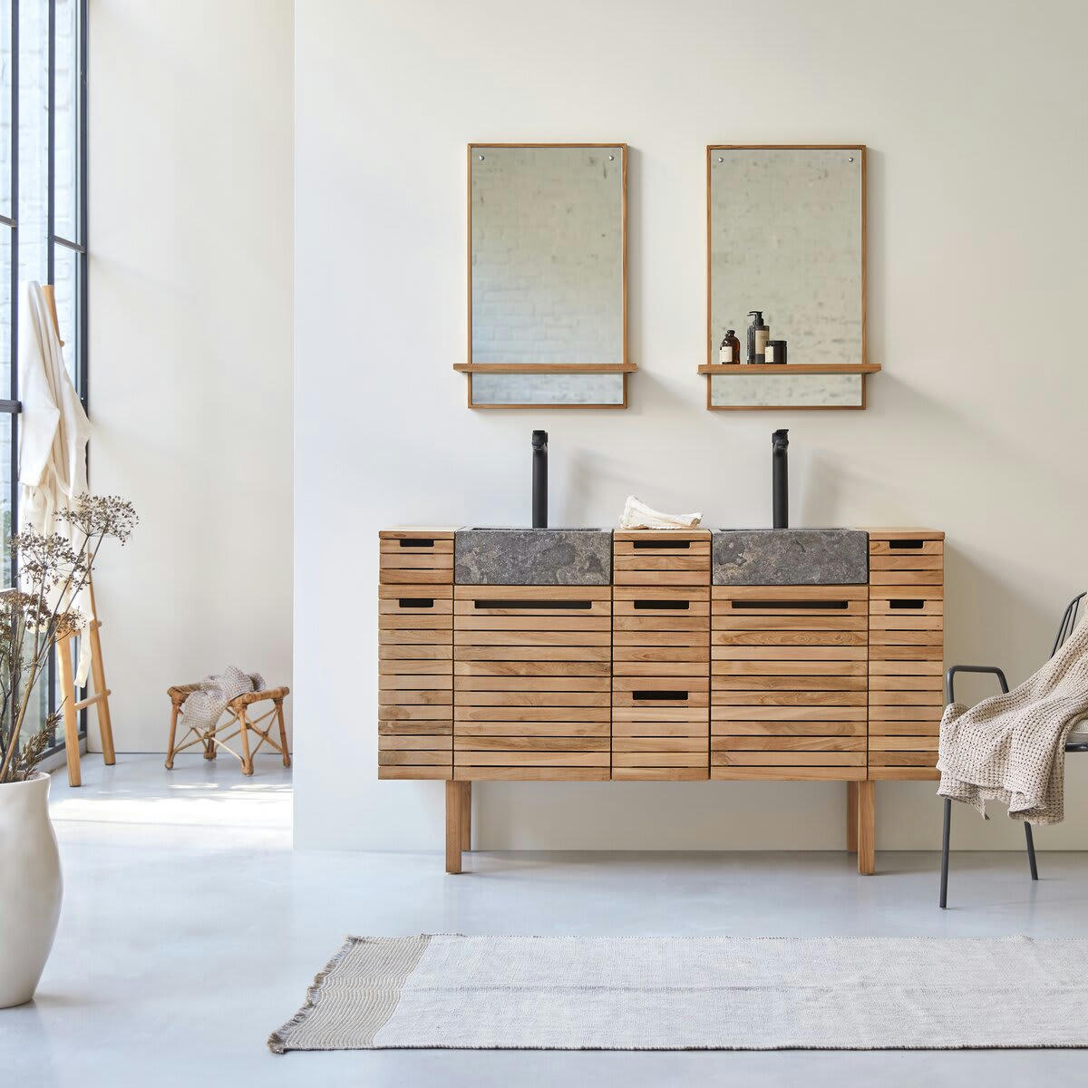 SLATS - Meuble salle de bain en teck massif et marbre 150 cm