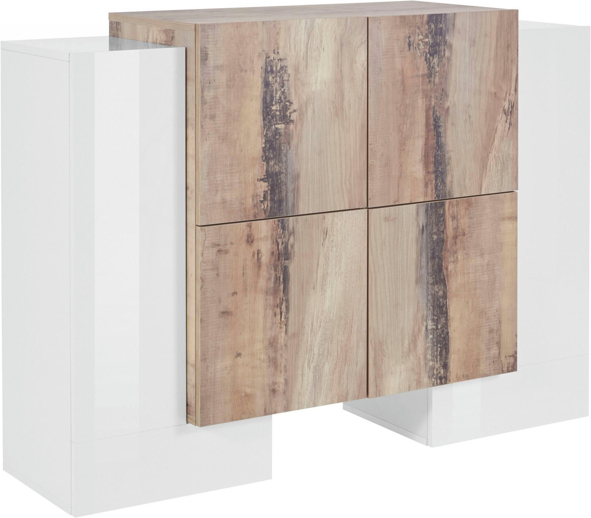 JASON - Buffet avec 6 portes effet bois en blanc brillant et érable