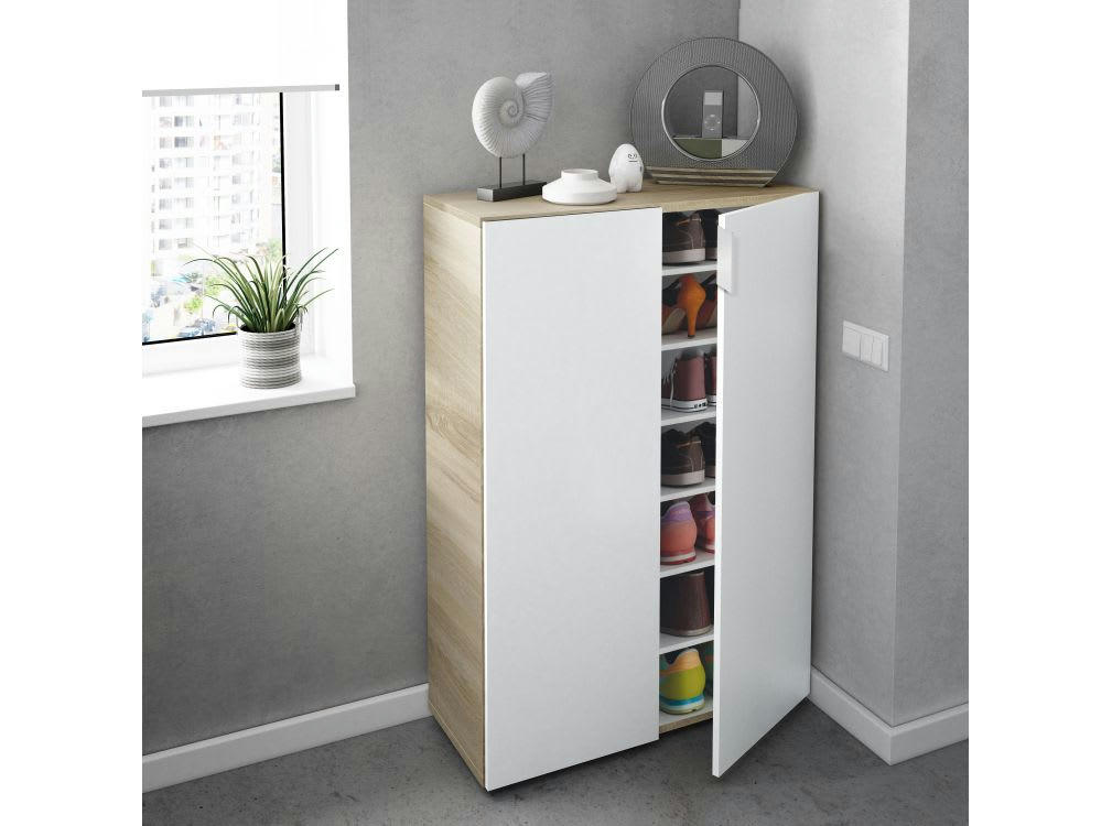 CARLA - Meuble à chaussures blanc/bois 2 portes (28 paires) L72 x H103cm