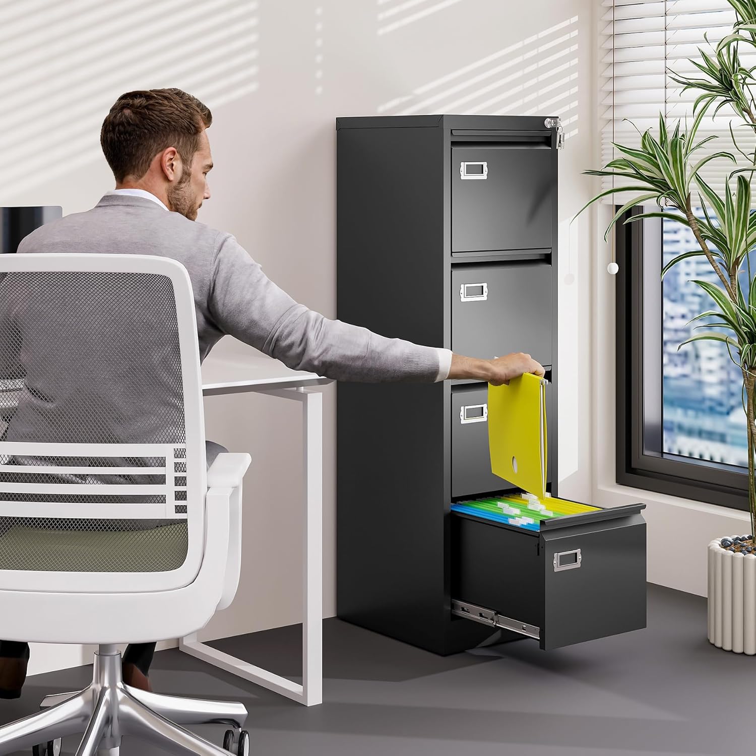 BYNSOE 4 Drawer File Cabinet with Lock Metal Vertical File Cabinet Office Home Vertical File Cabinet for A4 Legal/Letter Size Narrow File Cabinet Locked,Assembly Required (Black, 4 Drawers- Vertical)