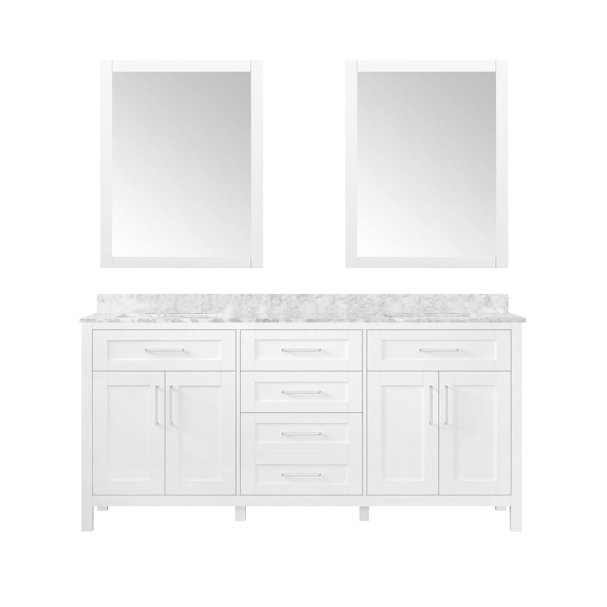 OVE Tahoe 4-Door Double Sink Marble Top Bathroom Vanity with Built-In Power Bar, White, 72-in