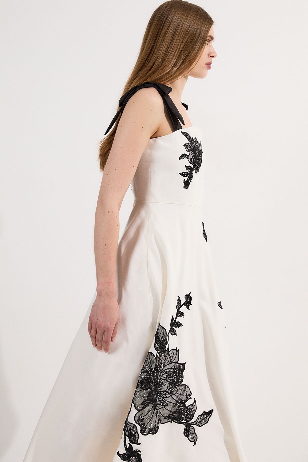 KarenMillen Viscose Linen Placed Floral Lace Embroidered Strappy Midi Dress