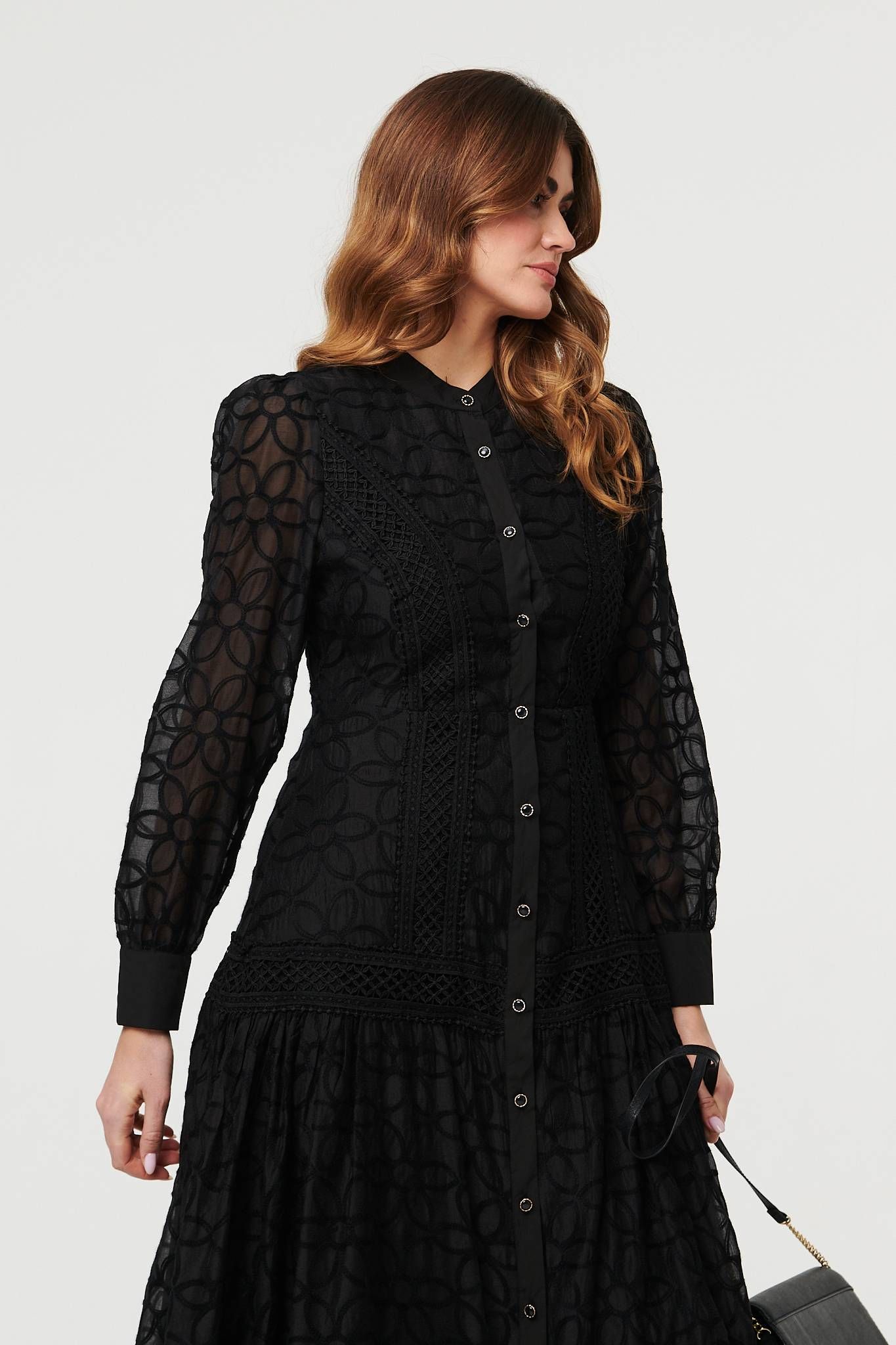 Izabel London Embroidered Lace Long Sleeve Midi Dress