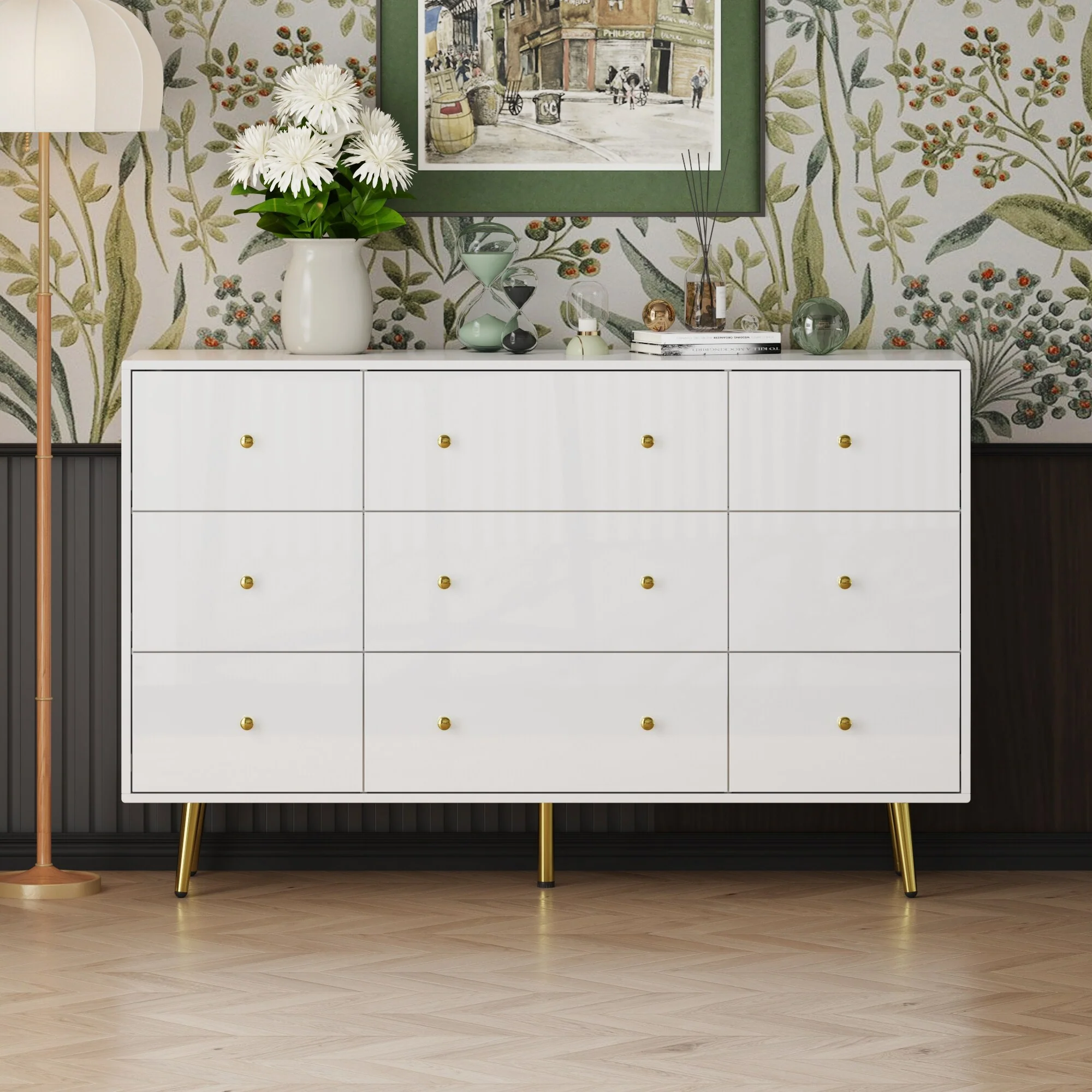 Sleek White Dresser with 9 Drawers and Gold Knob Handles Chest Glossy