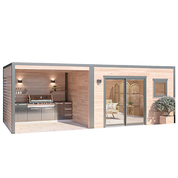 Abri de jardin / Poolhouse Design bois douglas ép.55 mm surface totale 11.6m²   pergola 8.7m²