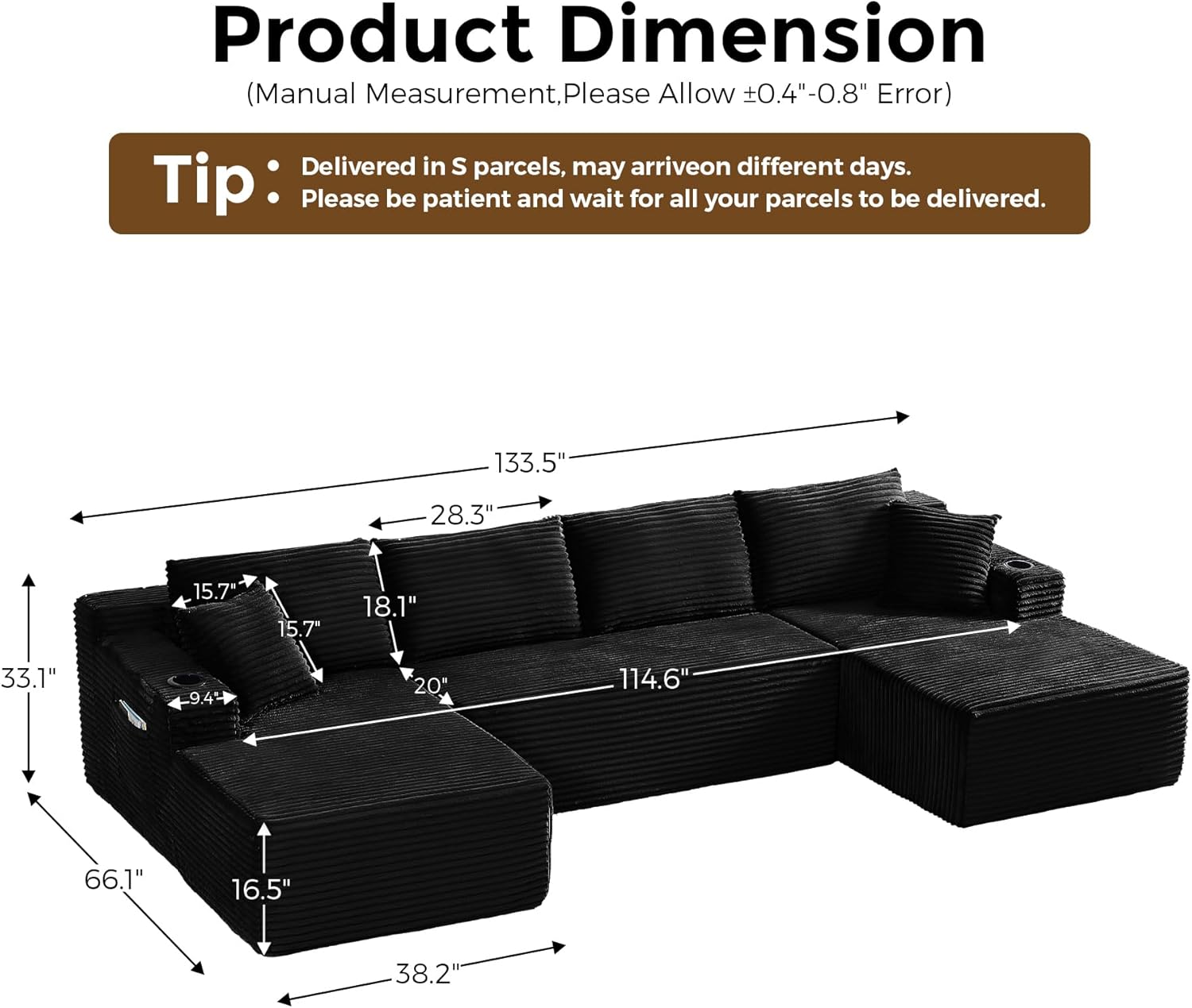 133 Oversized Cloud Boneless Sofa Couch with Chaise, Modern Corduroy U Shaped Modular Sectional Sofa with Deep Seat, Comfy Couch with Cupholders and Storage, No Assembly Required-Black