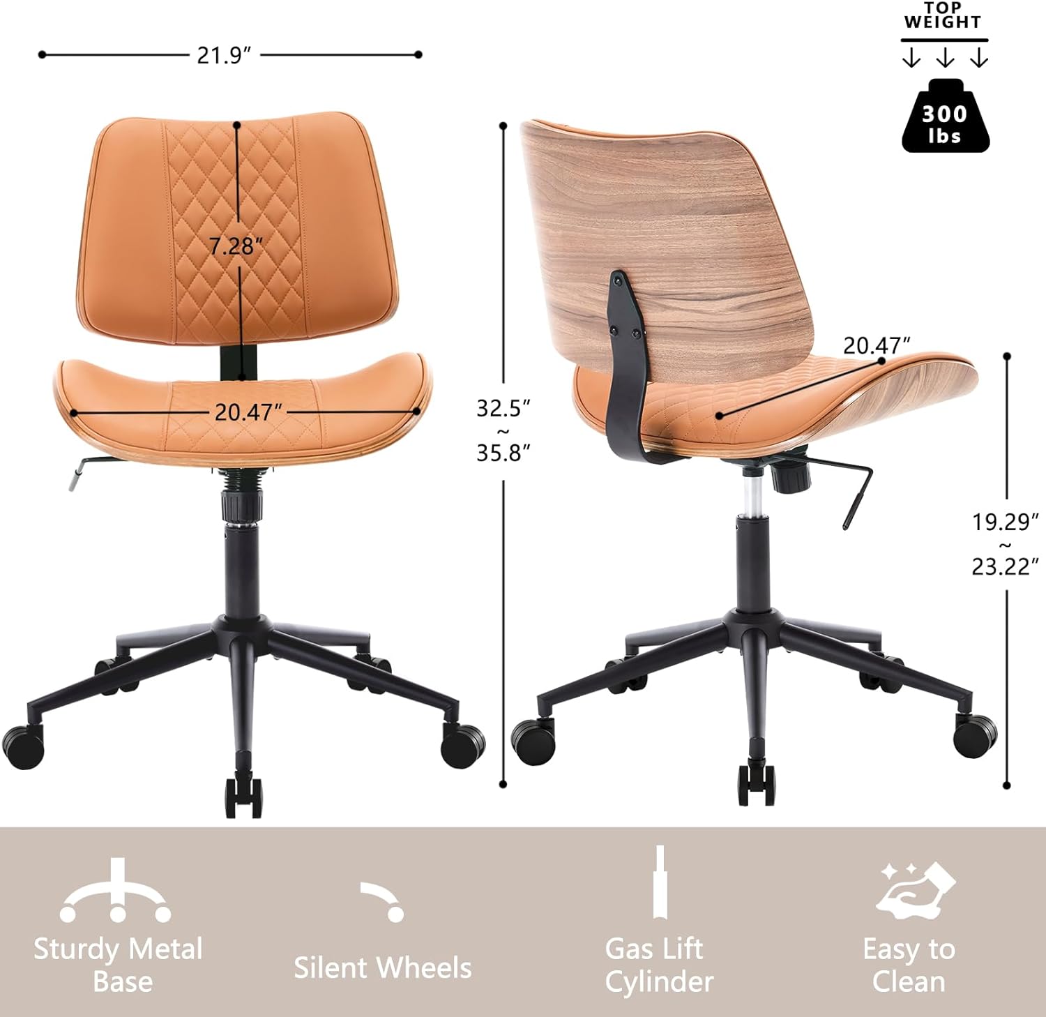 Home Office Chair No Arms with Wheels, Adjustable Height PU Leather Mid Back, 360 Swivel Computer Small Desk Chair, Armless Modern Walnut Style for Office, Reading Meeting Room(Brown)
