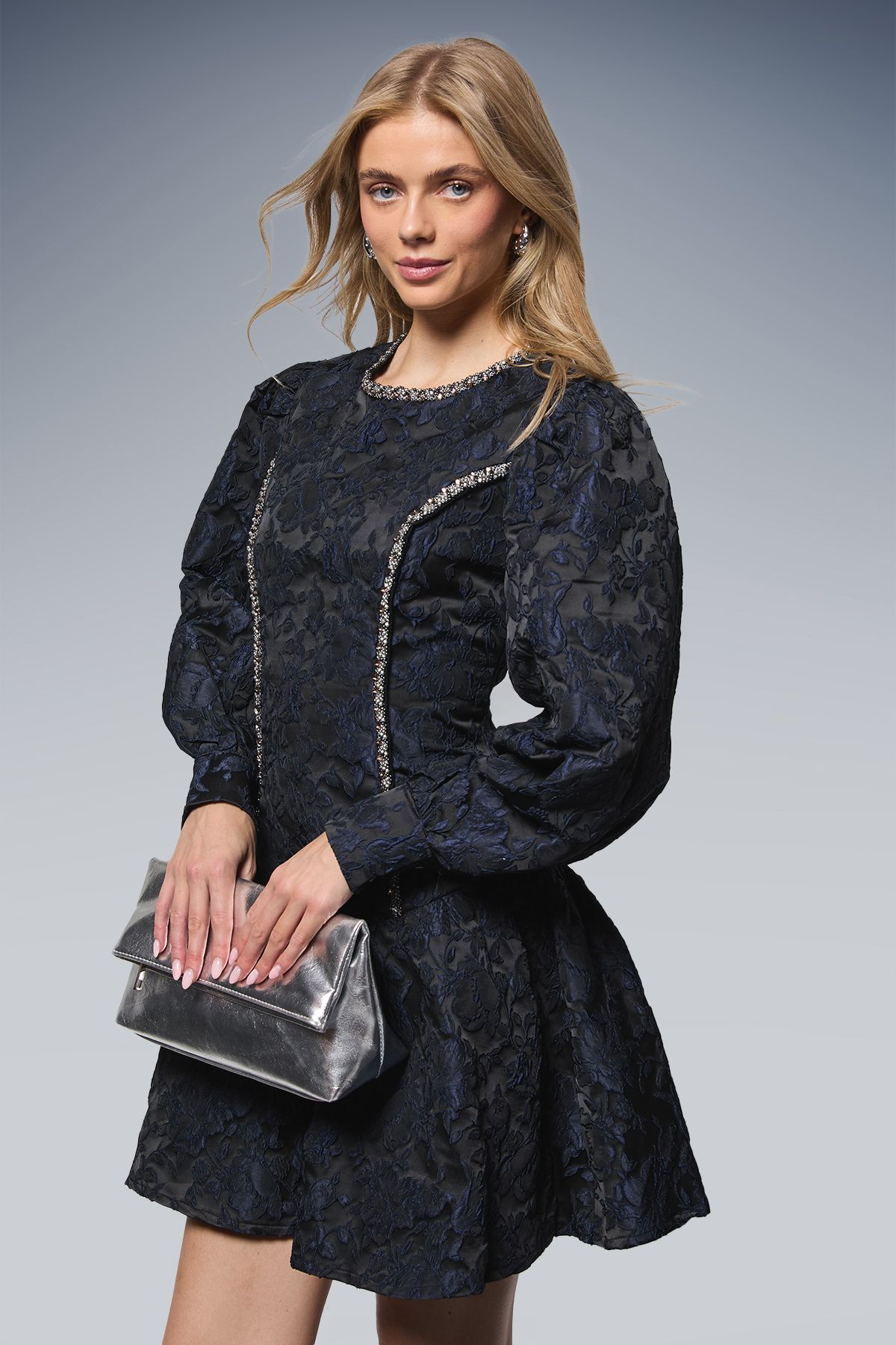 Oasis Embellished Trim Jacquard Mini Dress