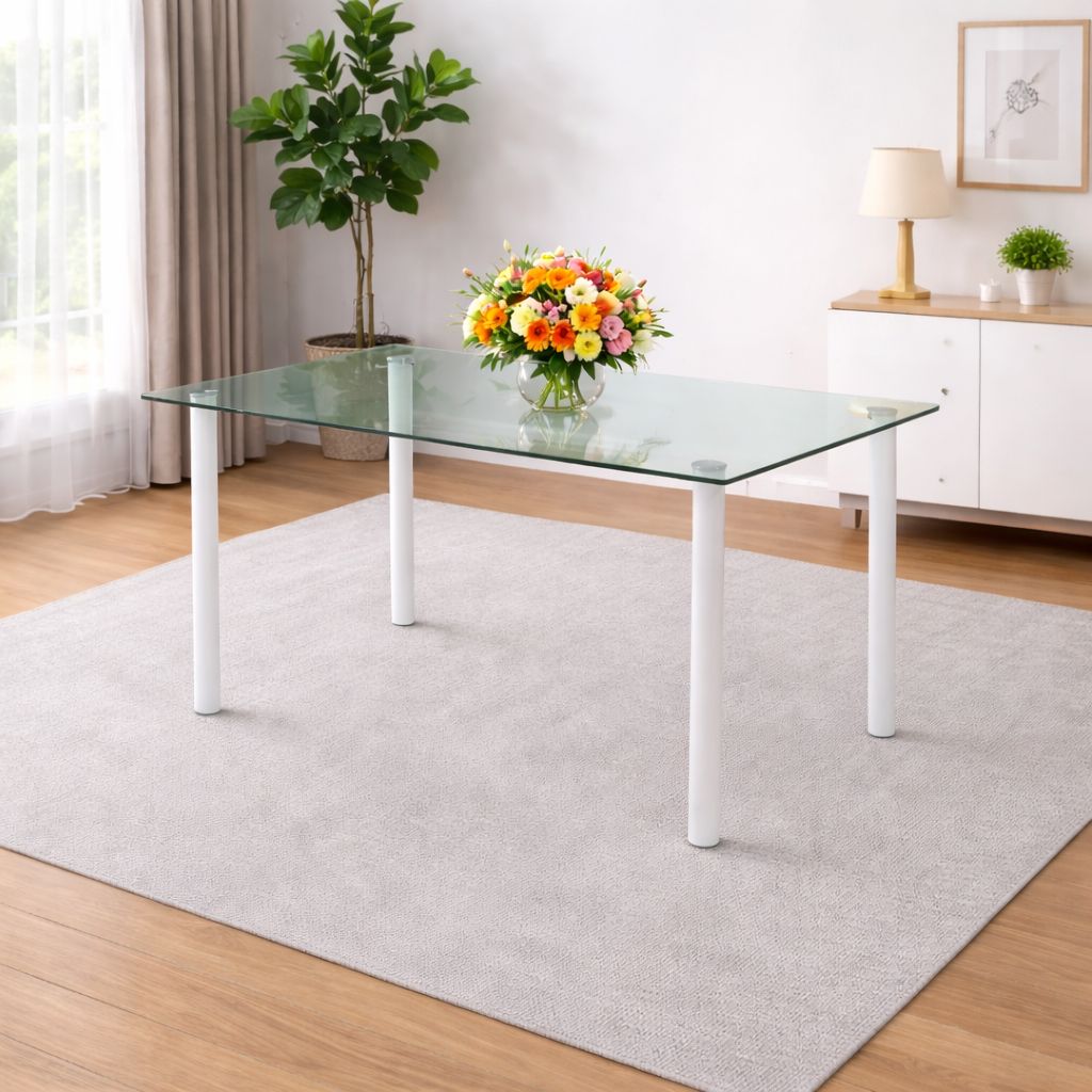 KOSY KOALA Modern Clear Glass Dining Table Set With 4 Cream Plastic Chairs