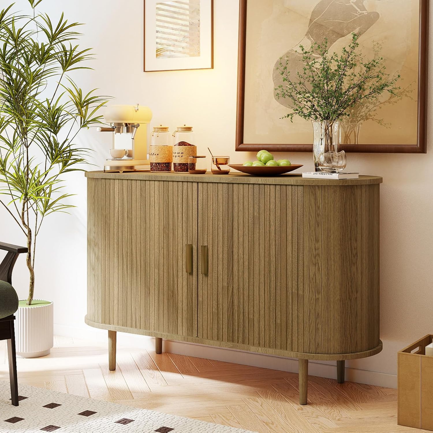 Sideboard Buffet Cabinet,46.85 Fluted Sideboard Storage Cabinet with Fluted Sliding Door,Modern Stand Console Cabinet for Kitchen & Living Room,Restaurant,Entryway(Brown)