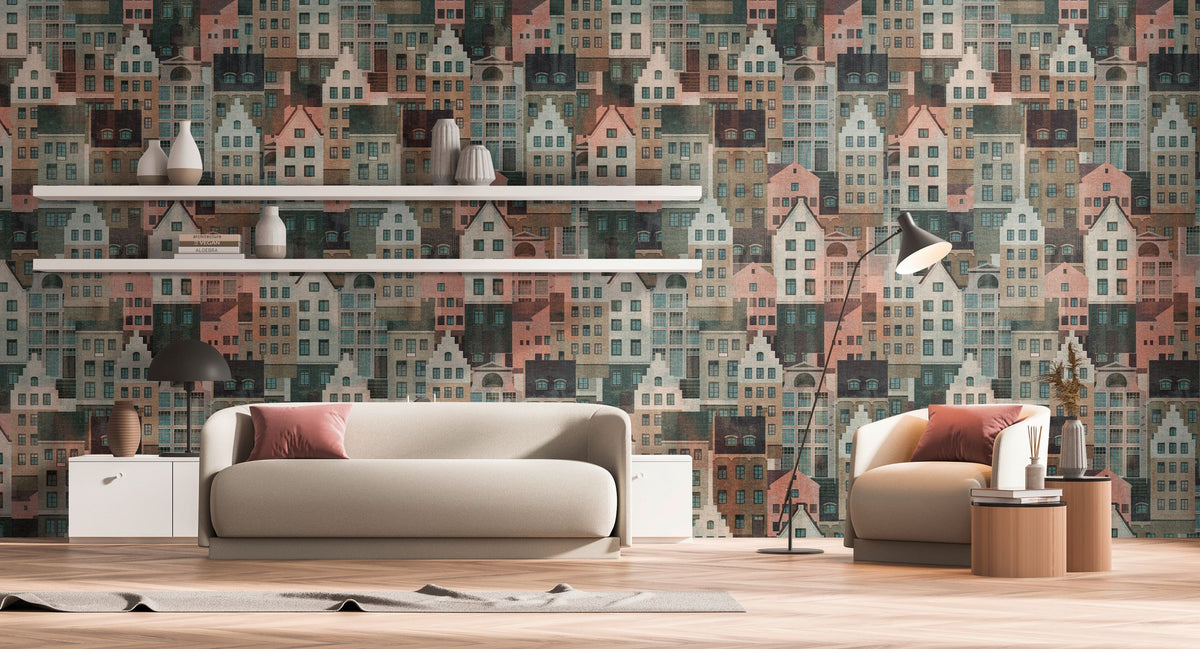 Livingwalls fotobehang gebouwen meerkleurig, blauw, roze, beige en grijs - 159 x 280 cm - AS-391822