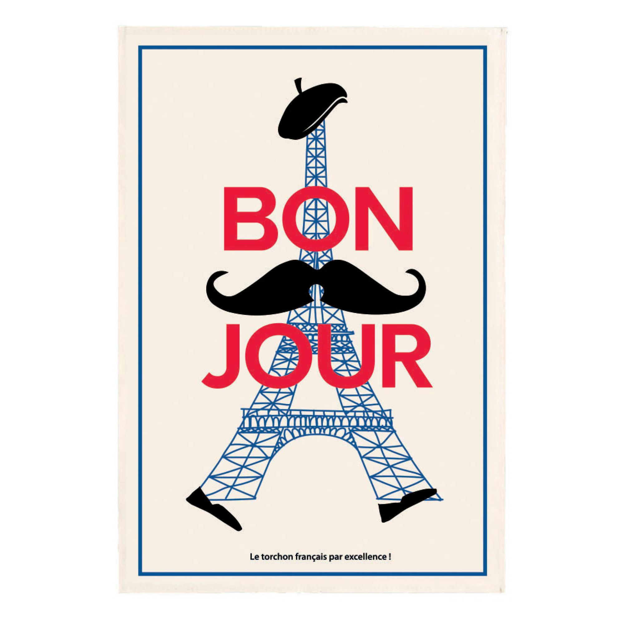 PARIS - Torchon bonjour en coton ecru 48 x 72