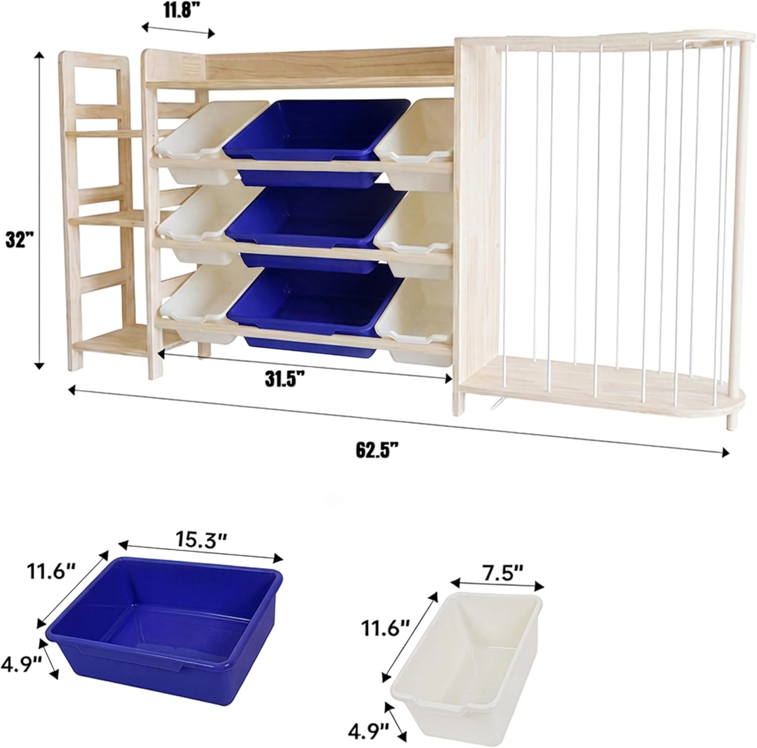 Amdermi Kids Toy Storage Organizer with 9 Plastic Bins, 3-Tier Wooden Shelving Unit for Playroom & Bedroom, Nursery Bookshelf and Stuffed Animal Zoo Storage, Natural Wood Finish （Blue）