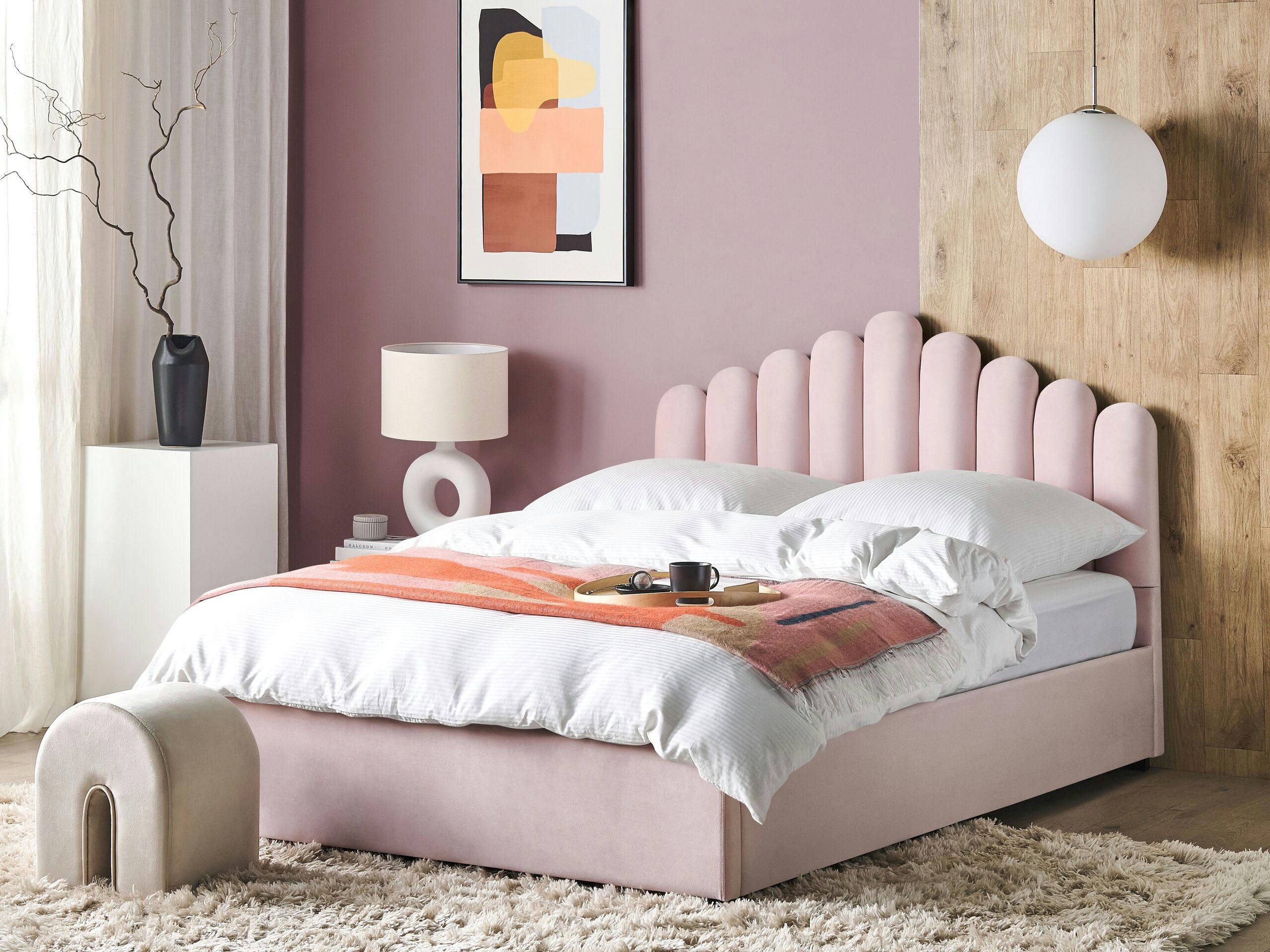 VINCENNES - Lit double en tissu rose 180x200