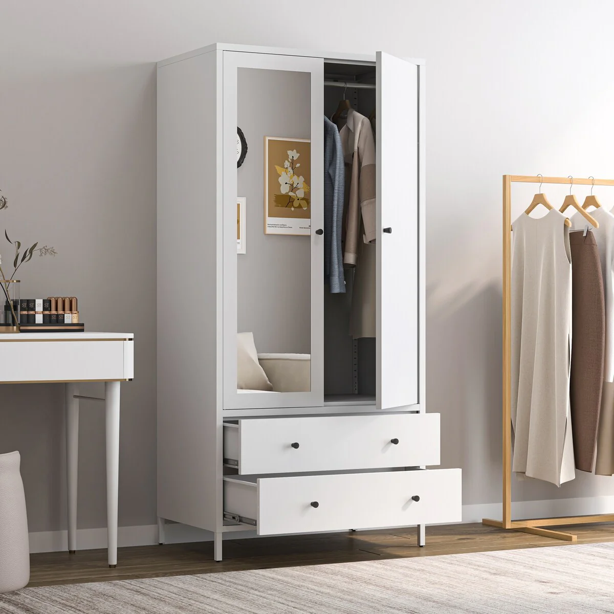 Armoire Wardrobe Closet with 2 Drawers,Mirror Door,Hanging Rod,Metal Clothing Cabinet,Garment Organizer with Magnetic Door