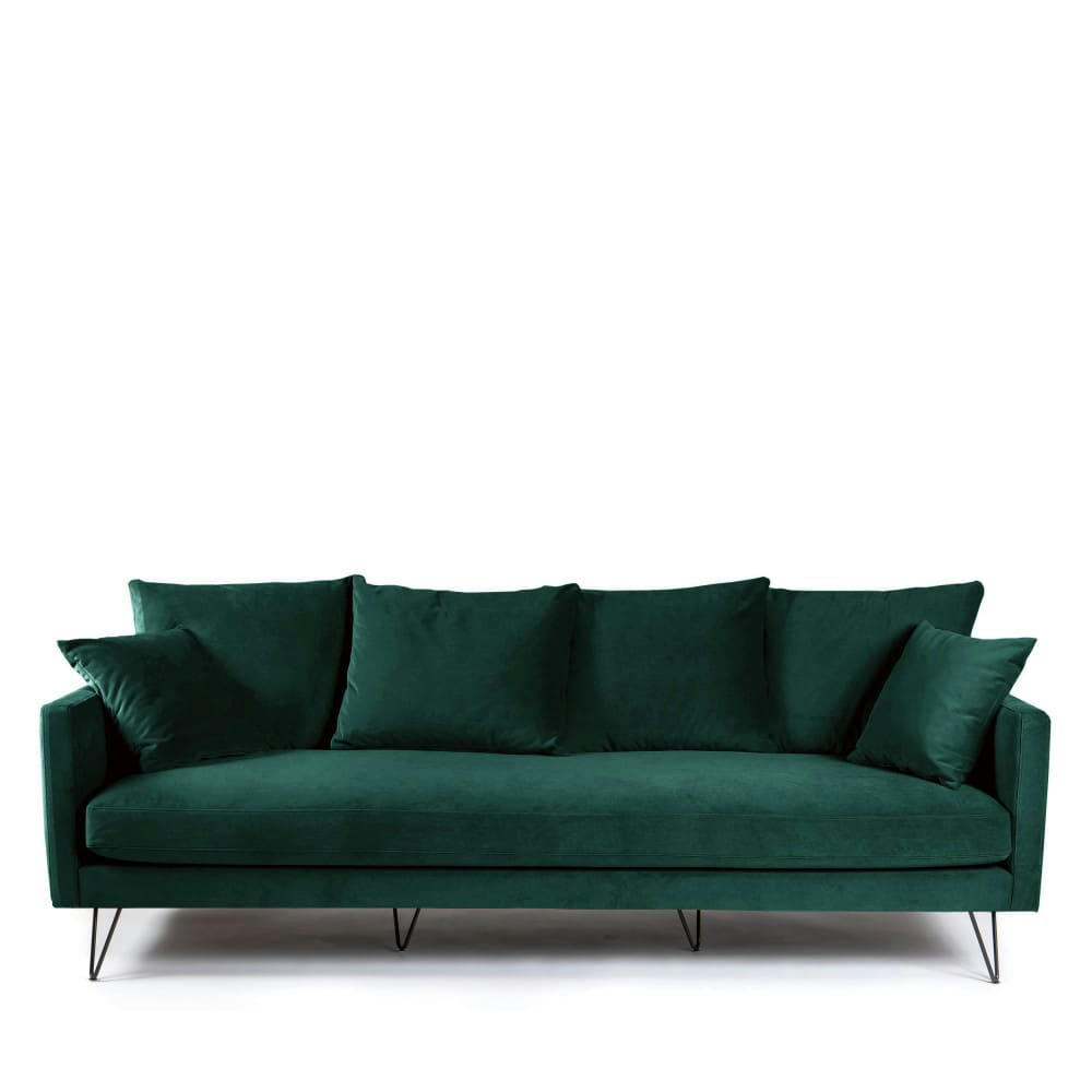 VILLABON - Canapé 4 places en velours pieds épingles noirs vert forêt