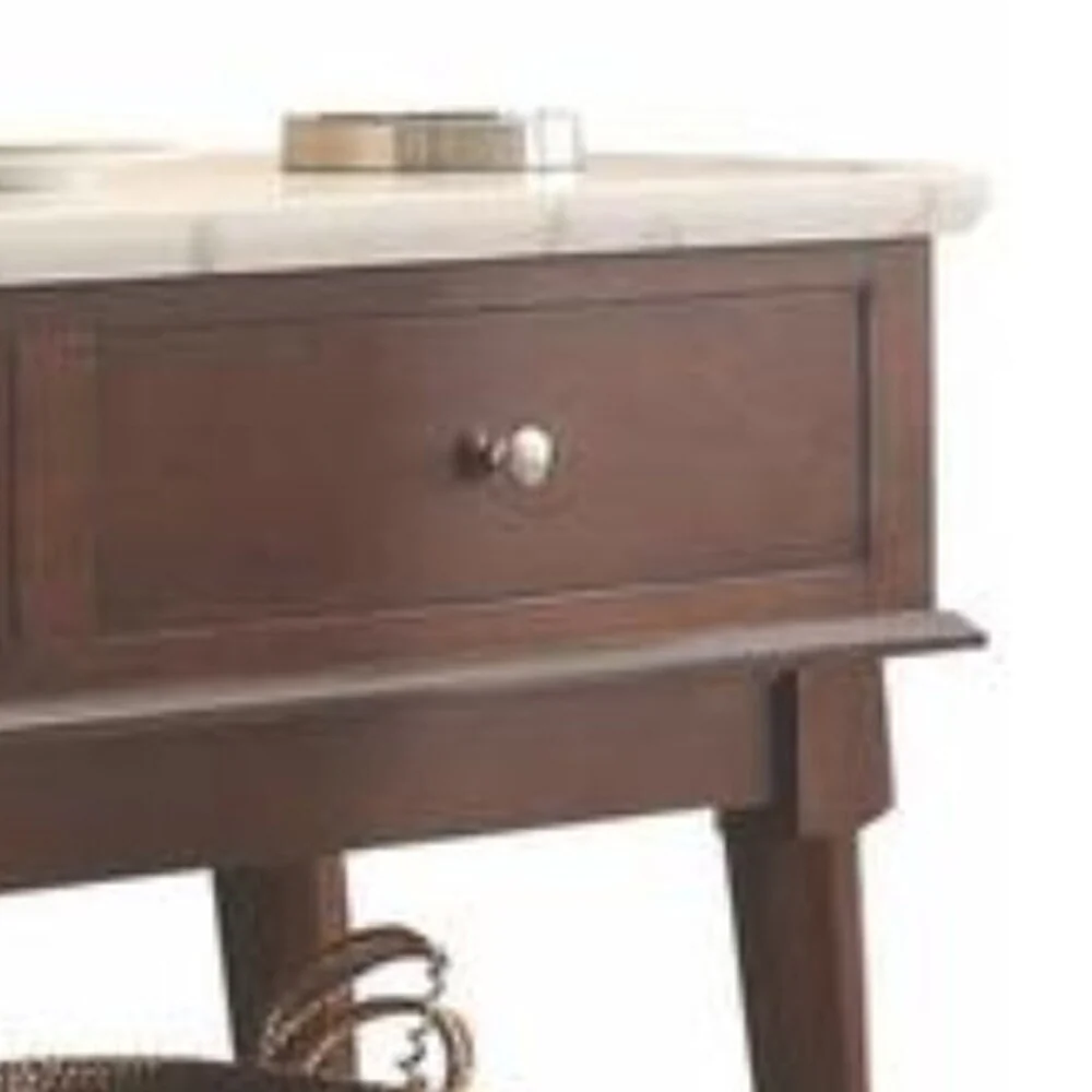 Two Drawers Wooden Server with Marble Top, White and Walnut Brown