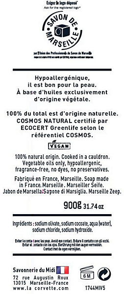 Barre de Savon de Marseille La Corvette Savonnerie du midi olive 900g