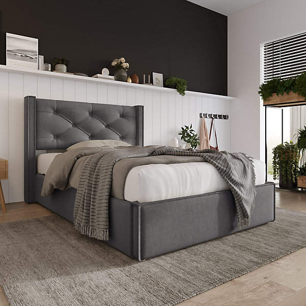 Lit 90x200 cm avec tête rembourrée et coffre, cadre bois massif, housse coton gris, style moderne