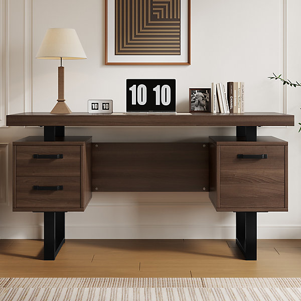 Bureau avec Tiroir pour Dossiers, Plateau Anti-éclaboussures et Tablette Latérale, MDF Métal, 135x54x76 cm, Brun