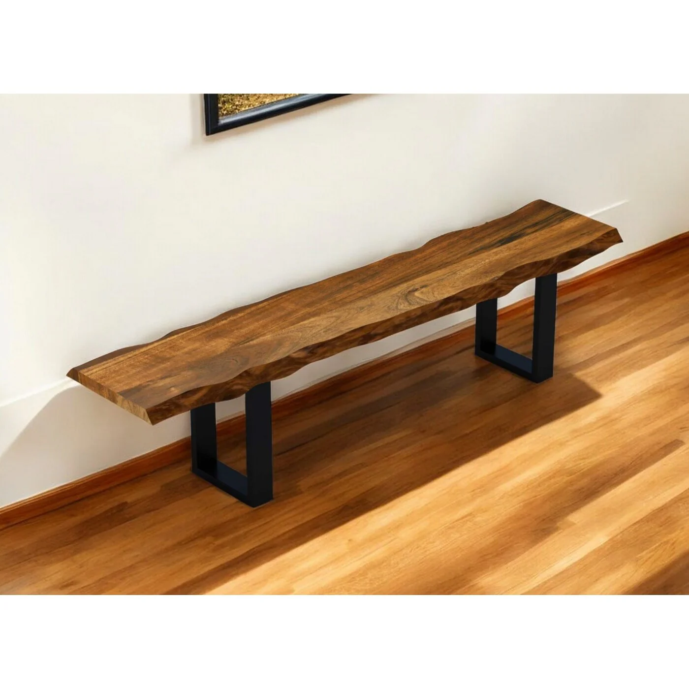 Brown Acacia Wood Dining Bench Black Metal Legs Live Edge Rustic Seating - 15.8” D x 68” W x 18” H