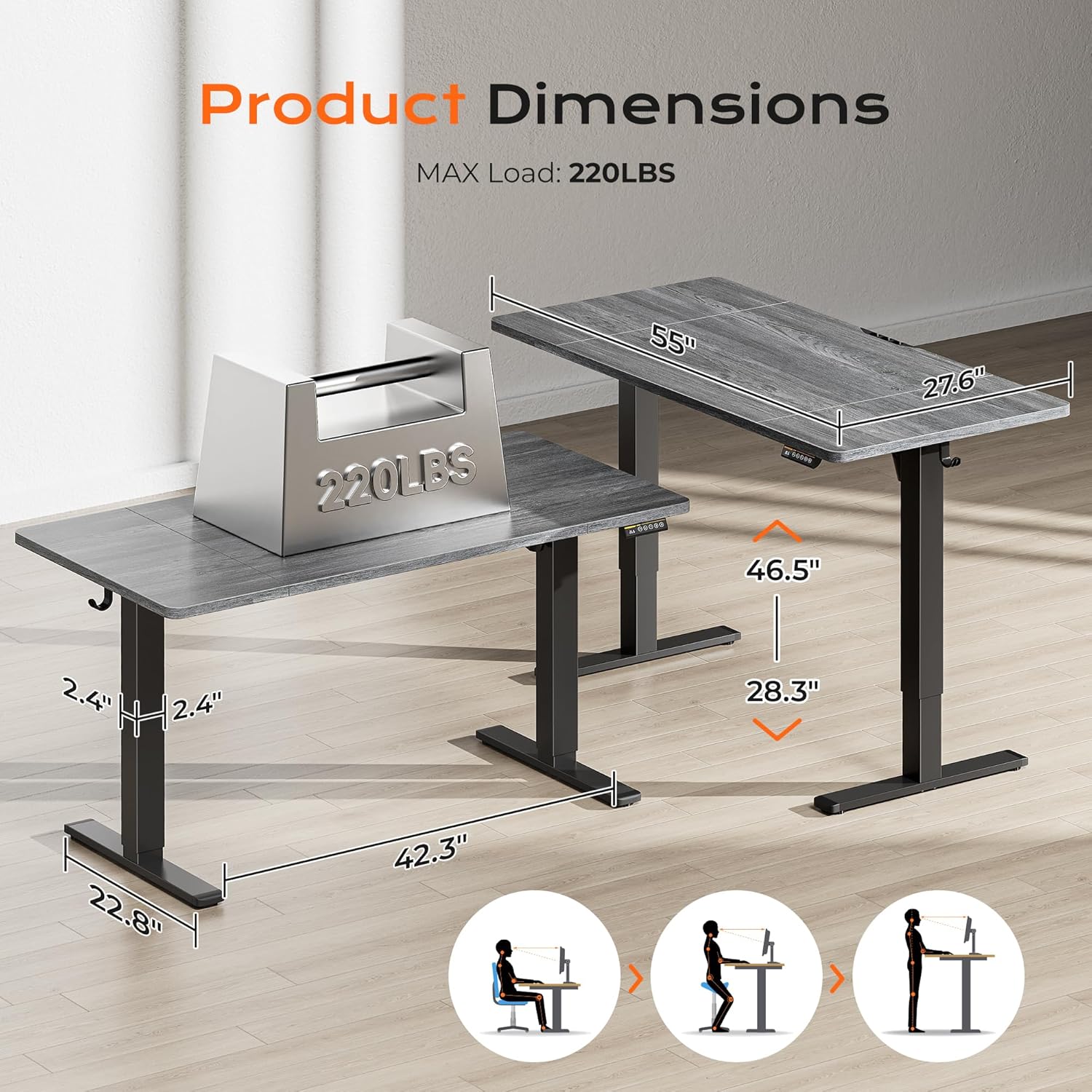 Huuger 55 x 28 Large Electric Standing Desk, Height Adjustable Desk, 27.6 Deep Desktop, Stand up Gaming Computer Office Desk with 2 Hooks, 3 Preset Heights, for Home Office, Grey