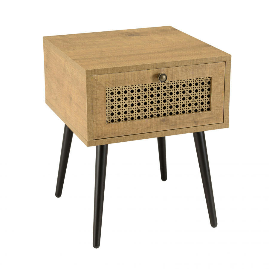 CHARLIE - Chevet marron 1 tiroir effet cannage pieds métal noir