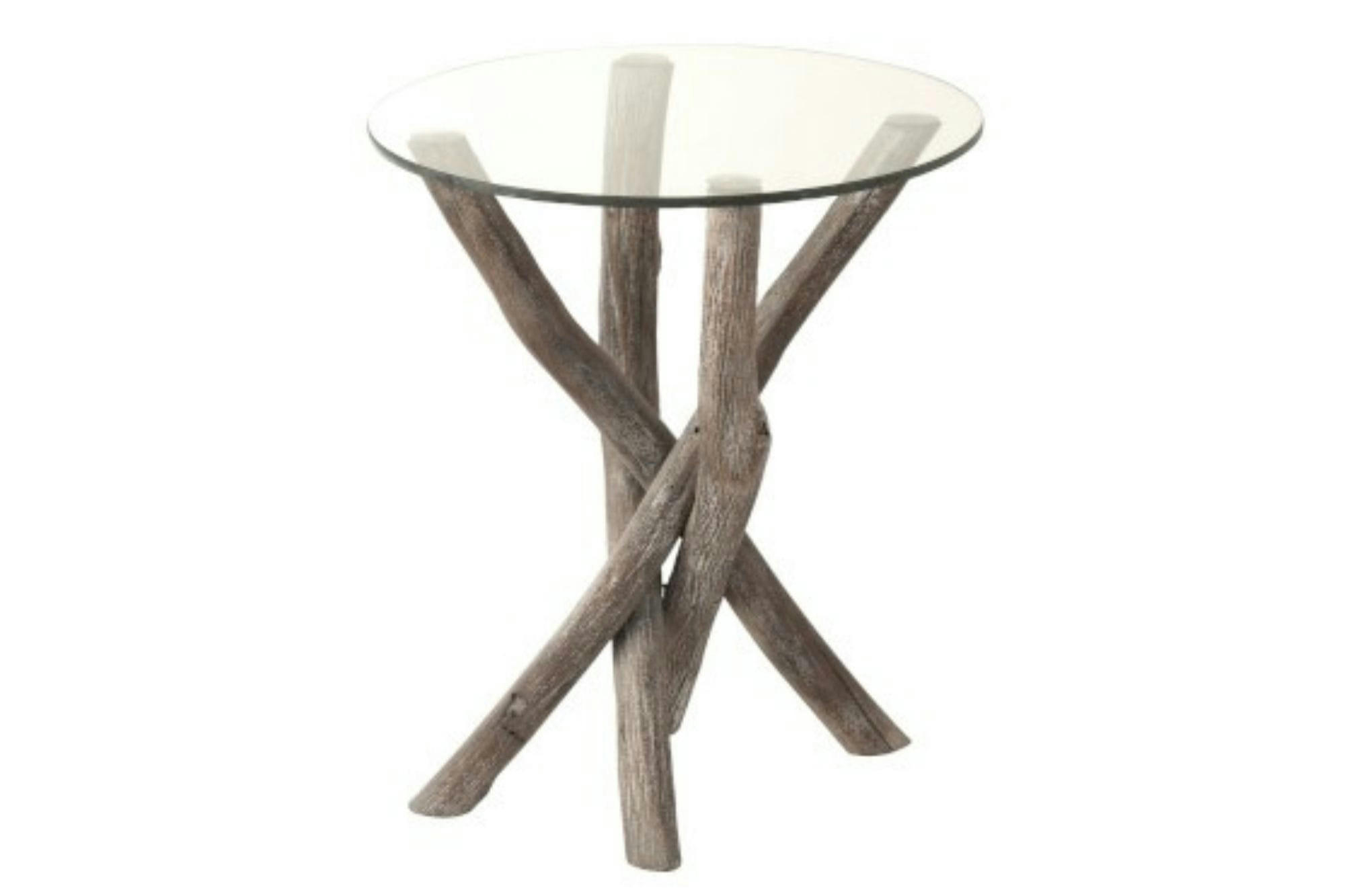 NOÉ - Bout de canapé rond en verre et bois flotté